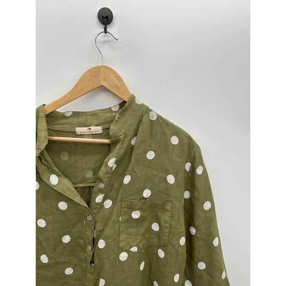 Lands Downunder Tunic Women Medium Green Polka Dot Linen Italy 3/4 Sleeve - Picture 4 of 7